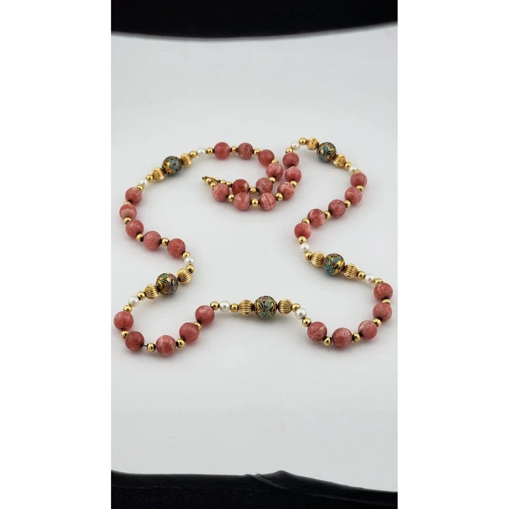 Vintage 14k Gold Rhodochrosite Pearl Cloisonne Bead Necklace Estate 585 Stamped